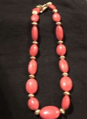 Vintage Ralph Lauren RL PINK Natural Stone Beaded Brushed Gold Plated Necklace