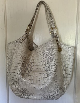 Brahmin Jacqueline OFF WHITE / GRAY Melbourne Croc Embossed Leather Hobo Bag EUC