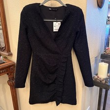 NWT~ZARA Women Black Textured Weave Sparkly Mini Party Long Sleeve Dress Size XS