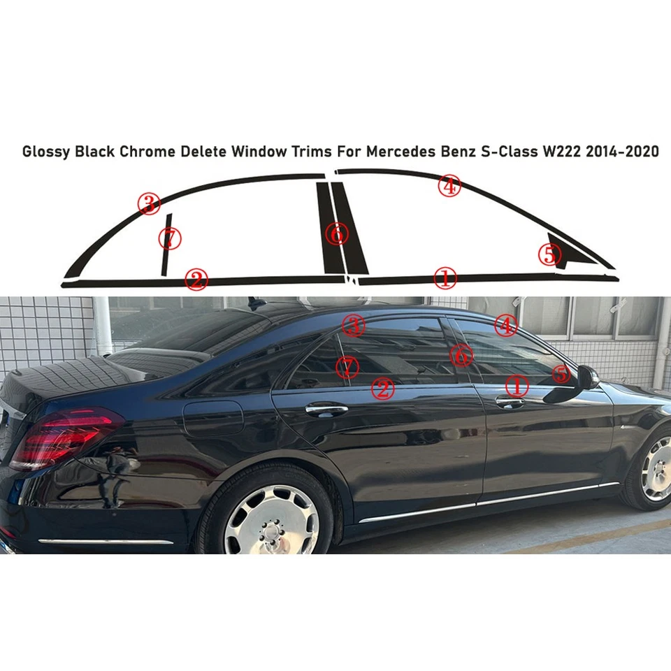 Glossy Black Chrome Delete Window Trims For Mercedes Benz S-Class W222 2014-2020 Foto 4 de 4