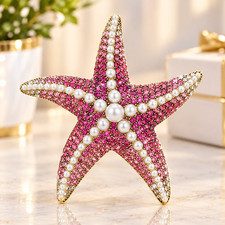 Pink Crystal Starfish Brooch Pin Gold Tone Rhinestone Ocean Summer Jewelry Gift