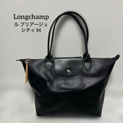 LONGCHAMP Le Pliage City Tote Bag Black Size M Leather Canvas 
