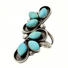 Vintage Southwest Sterling Silver Cluster Turquoise Elongated Ring Sz 5