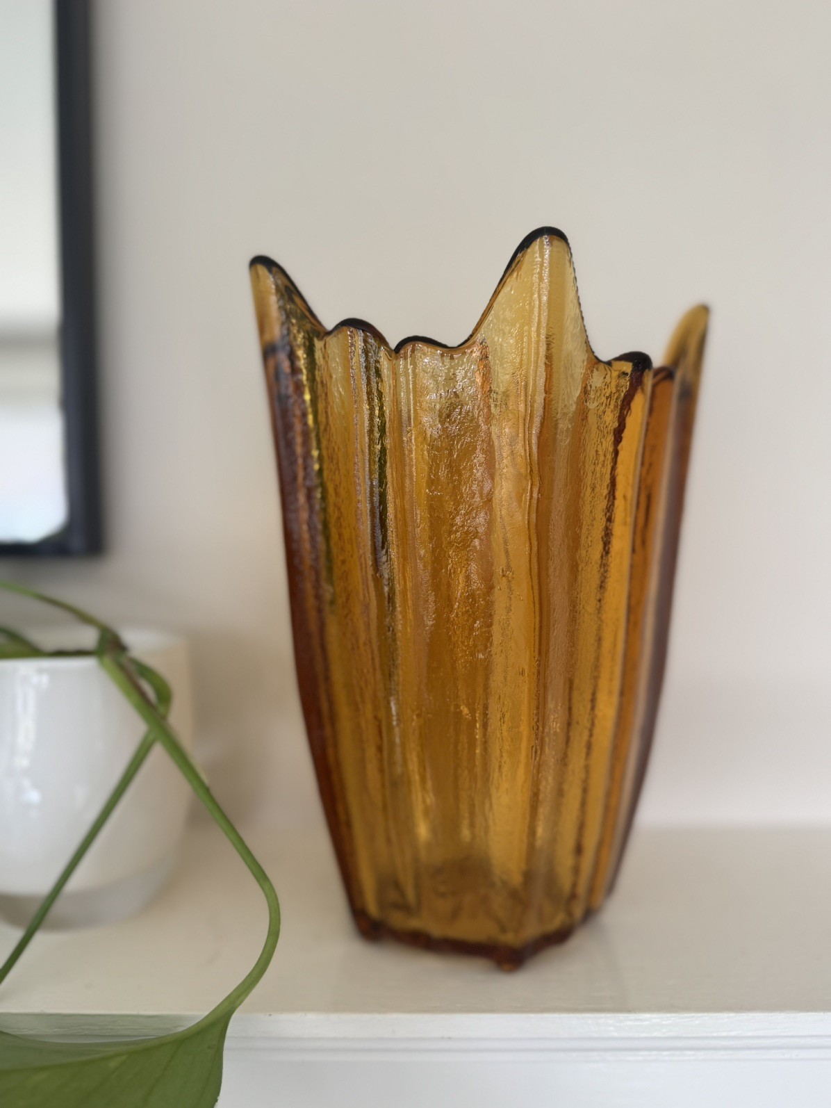 Heavy MCM Viking Glass Stretched Lotus Amber Gold Vase, Exceptional Condition
