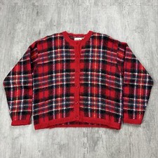 VTG PAUL HARRIS DESIGN MOHAIR BLEND RED PLAID GEOMETRIC CROPPED SWEATER LARGE L