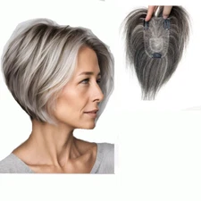 Bob Grey Hair 100% Real Human Hair Topper Toupee Clip Hairpiece Bangs For Women