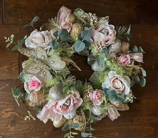 GLAM PIER 1 IMPORTS CAPIZ EASTER WREATH FLORAL BUTTERFLY EGGS RIBBON JEWELS  22"