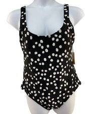 Kona Sol Women's One Piece Swimsuit Black With White Polka Dots Size XL NWT