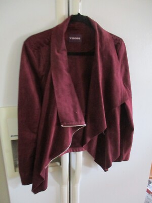 Vigoss Faux Suede Womens Jacket Sz M Handkerchief Open Front wine burgandy