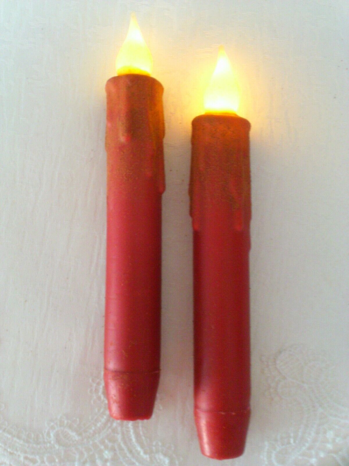 NEW RED TIMER TAPER CANDLES 6.75" Set of 2 Primitive Rustic Farm LED Christmas
