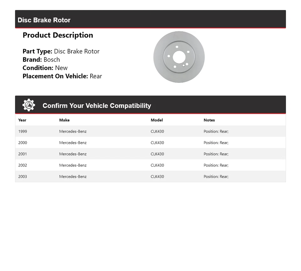 Rotor de freno de disco trasero para Mercedes CLK430 1999-2003 Bosch QuietCast 2000 2001 Foto 2 de 4