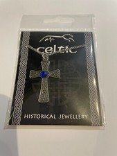 Celtic Cross Blue Gem Pendant Necklace Made From Pewter Pagan Druid