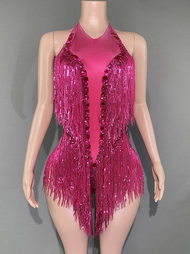 Sparkly Rhinestones Sequins Fringes Leotard Sexy Tassel Bodysuit One-piece - Picture 27 of 29