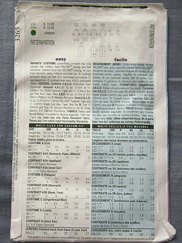 Butterick 3265 Baby Cat, Penguin, Gingerbread Man, Lamb Costumes size L-XL - Image 2 of 2