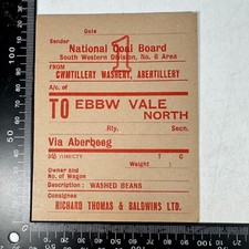 NCB National Coal Board Wagon Label Cwmtillery Abertillery Ebbw Vale 1950s