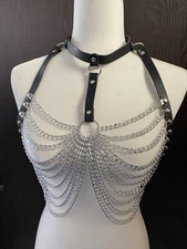 Punk Layered Body Chain Black Leather Bra Caged Harness Choker Bra Chains Gothic