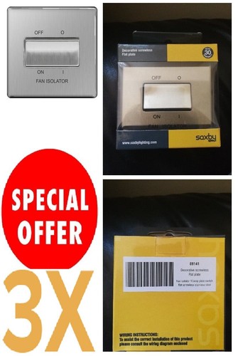 3 X Saxby Screwless Brushed Stainless Steel Fan Isolator Switch 10amp/3pole. - 第 1/1 張圖片