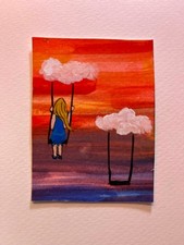 ACEO. Plauache i atrament na papierze akwarelowym. niebo. huśtawka. osoba. zabawa.