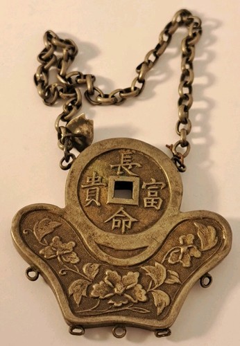 Antica catena cinese argento sterling fatta a mano Qing floreale moneta ciondolo 5,5" *** - Foto 4 di 7