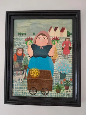 Naive Malerei Ölgemälde von 1980 "Die Marktfrau“ signiert - Bild 1 von 4