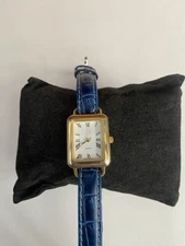 Women's Gold Tone Rectangle Quartz Watch Blue Band 57816KNX S60-05 New Battery