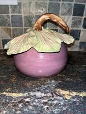 Handmade Eggplant Pottery Jar Container Leafy Top Lid Whimsical Vegetable OOAK