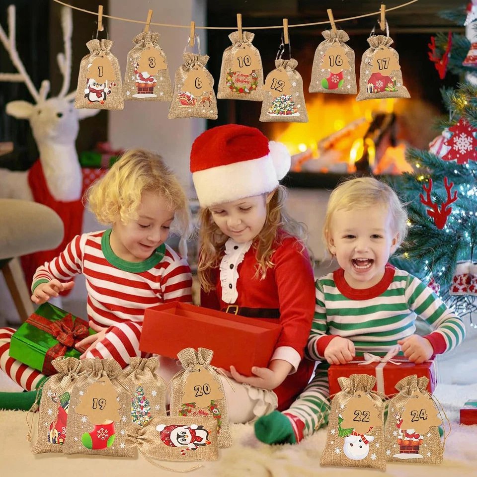 24 Stück Groß Adventskalender Jutesäckchen 13x18CM Weihnachten Jutesäcke - Bild 4 von 4