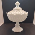 Vintage Fenton Hobnail Milk Glass Lidded Candy Dish with Pedestal 8.5”