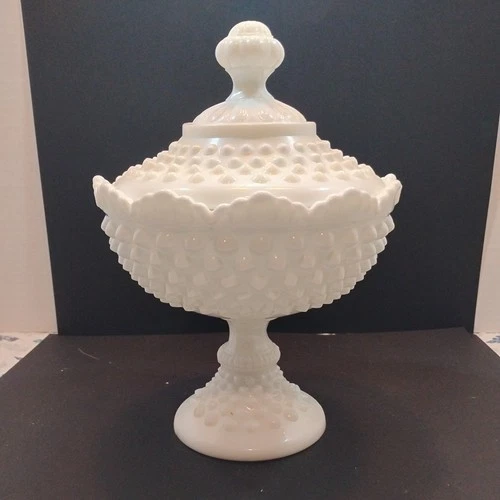 Vintage Fenton Hobnail Milk Glass Lidded Candy Dish with Pedestal 8.5”