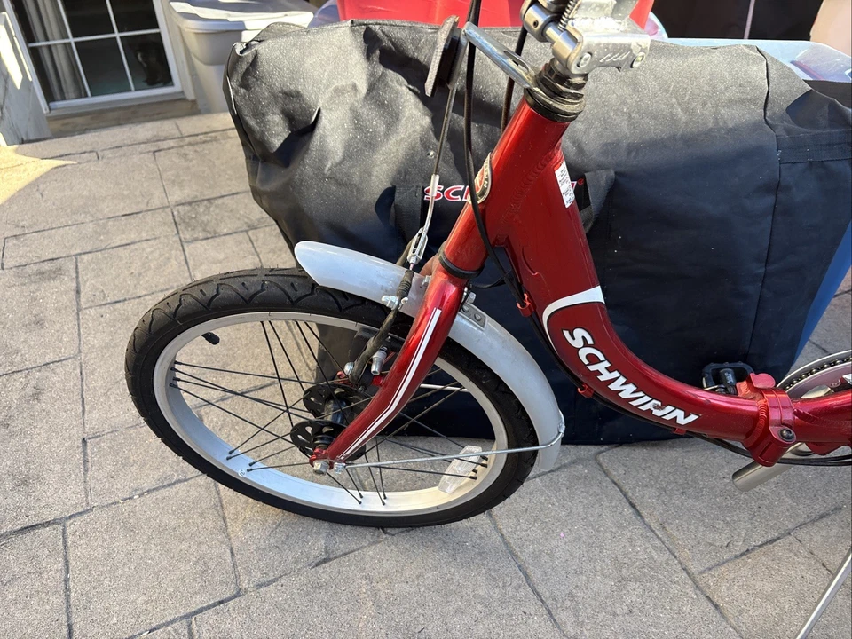 Schwinn Unisex 20 in. 7-Speed Loop Folding Bicycle, Candy Apple Red Stripe W Bag - Image 3 of 4