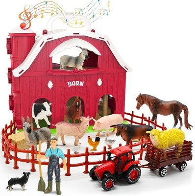 Big Red Barn Toys for Toddlers 1-3 Farm Animal Figures Playset with Tractor f...