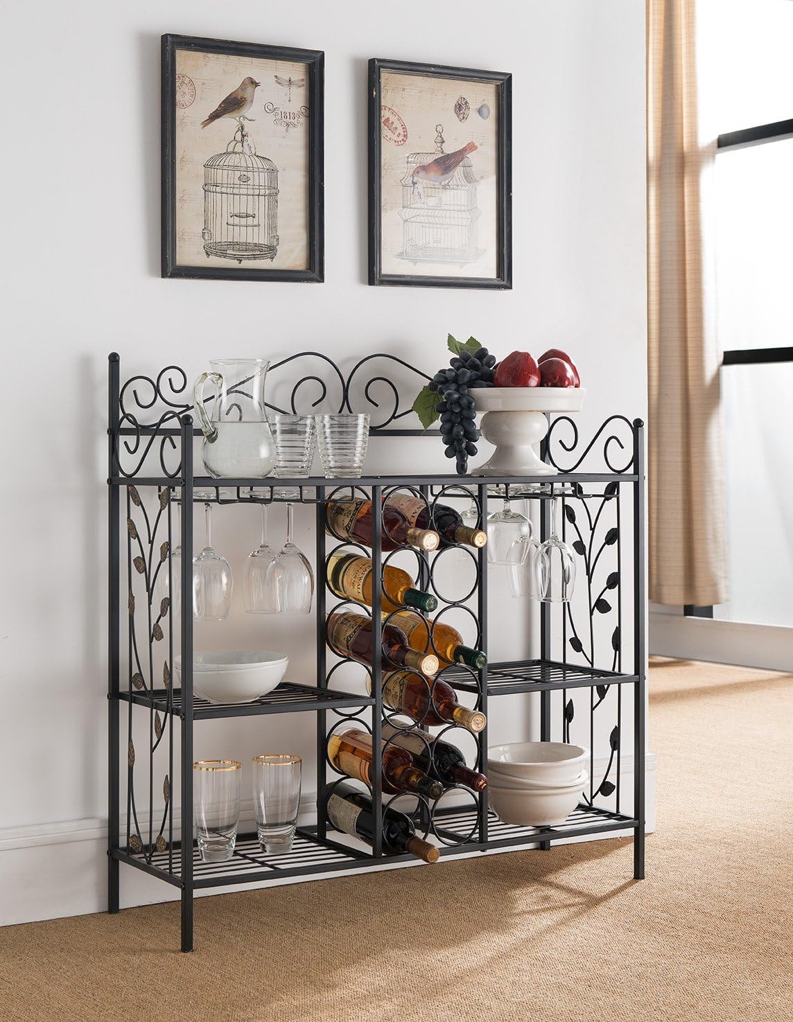Kings Brand Furniture Metal Console Table Wine Rack Liquor Bar Cabinet W/ Glass
