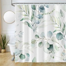Green Plant Leaf Pattern Shower Curtain Waterproof Polyester Bathroom 12 Hooks