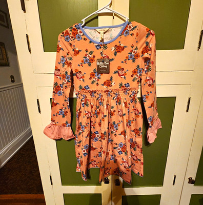 Matilda Jane Girls Size 12 orange peach cream flare Ruffle Long Sleeve Dress 