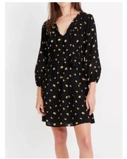 Madewell Floral Tie Waist Dress Black Yellow Daisy Print Long Sleeve Mini Boho