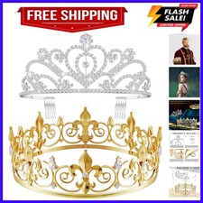 2 Pcs King and Queen Crowns for Men Women Metal Crystal Royal Tiara Crown for...