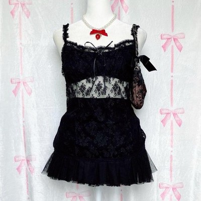 NWT Japan Gothic Lolita Black Lace Babydoll Fairy Cami Top Coquette XS