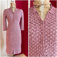 Vintage 1940s Dusty Lilac Pink Rayon Bias Cut Rhinestone Button Ribbon Dress XS