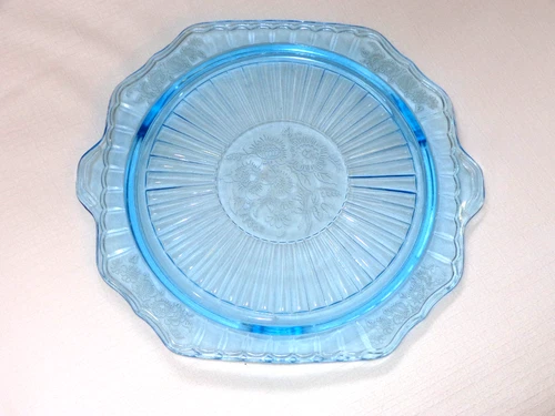 1930's Hocking Blue Depression Glass Mayfair Open Rose Footed Cake Plate