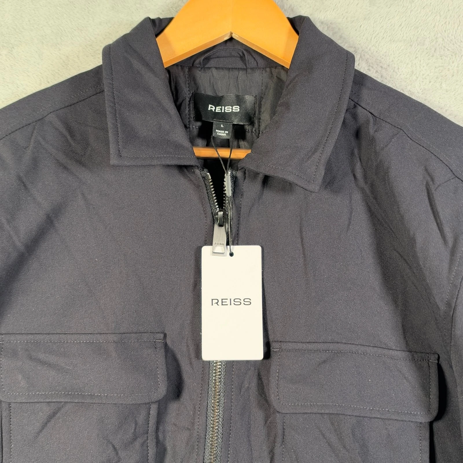 Reiss Jacket Mens L Navy Oshei Wadded Quilted Lined Full Zip Stretch $285 image 2