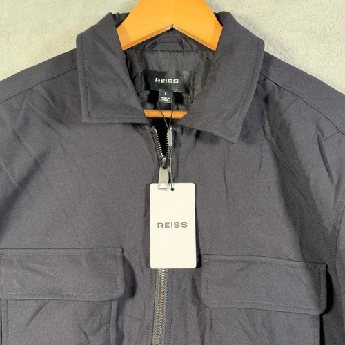 Reiss Jacket Mens L Navy Oshei Wadded Quilted Lined Full Zip Stretch $285 image 2
