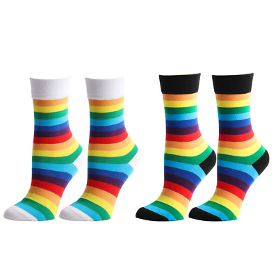 2pairs Women Girls Socks Rainbow Strips Cotton Crew Socks Casual Assorted Color