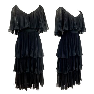 70s pleated dress Vtg Vintage 1970s 70s Designer Richilene Pleated Tiered Black Cocktail  Dress
