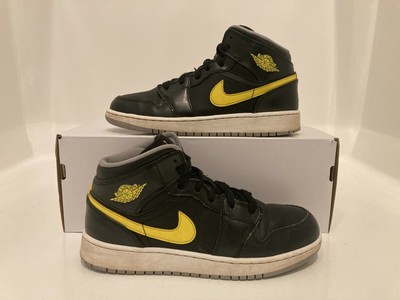 Sz 5.5 Men/7 Women - Nike Air Jordan 1 Mid GS 2014 Black Yellow Grey Shoes RARE