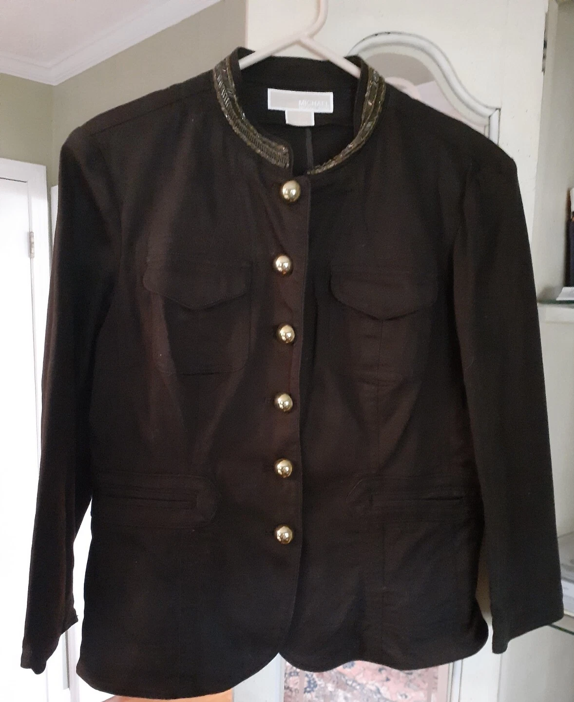 Giacca in denim Michael Kors taglia 10 stile militare collo con perline marrone nuova con etichette