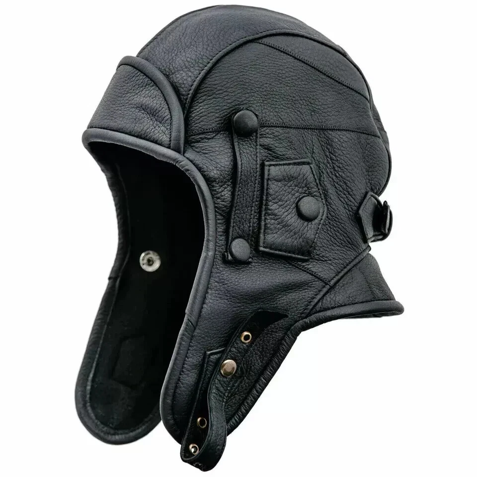 Gorra de piloto convertible 100 % cuero de becerro real - cuello y máscara facial capucha Foto 2 de 4