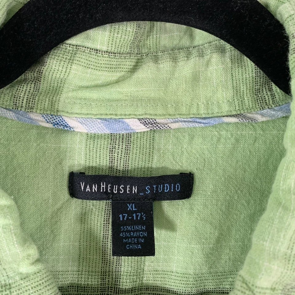 Camisa polo Van Heusen mezcla de lino para hombre XL verde a cuadros con botones manga corta Foto 2 de 4