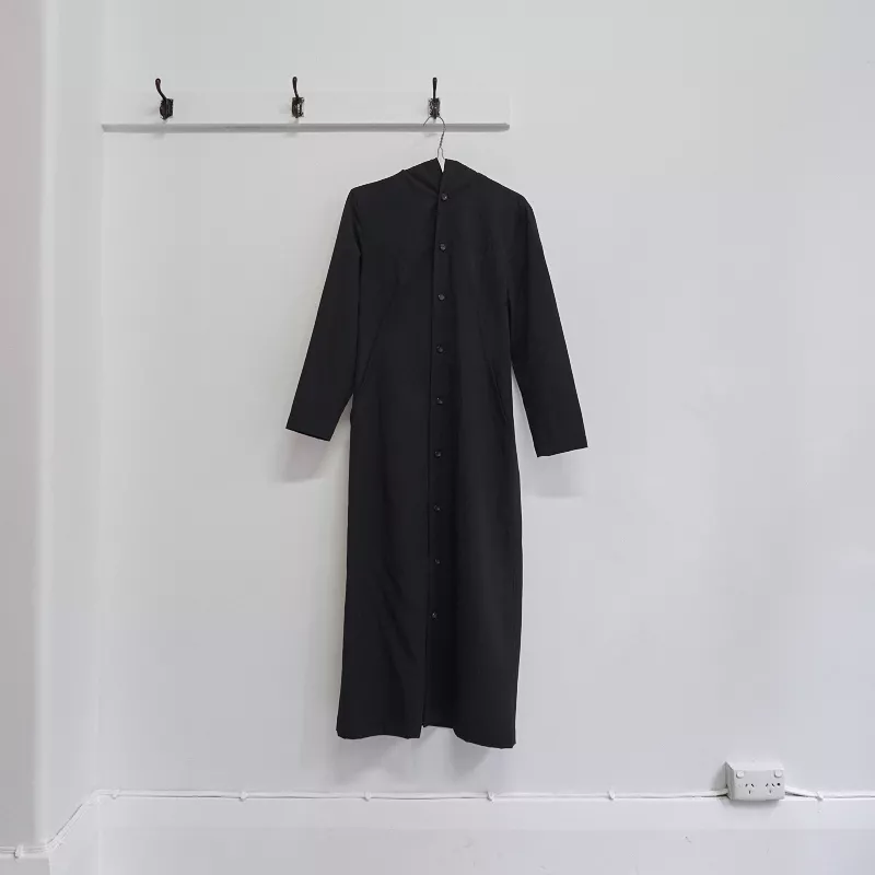 TRICOT COMME DES GARCONS 1992 black wool gabardine square hood maxi dress M  S