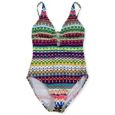 Lili Blu Multicolor Geometric Plunge Front One Piece Womens Swimsuit Size 10