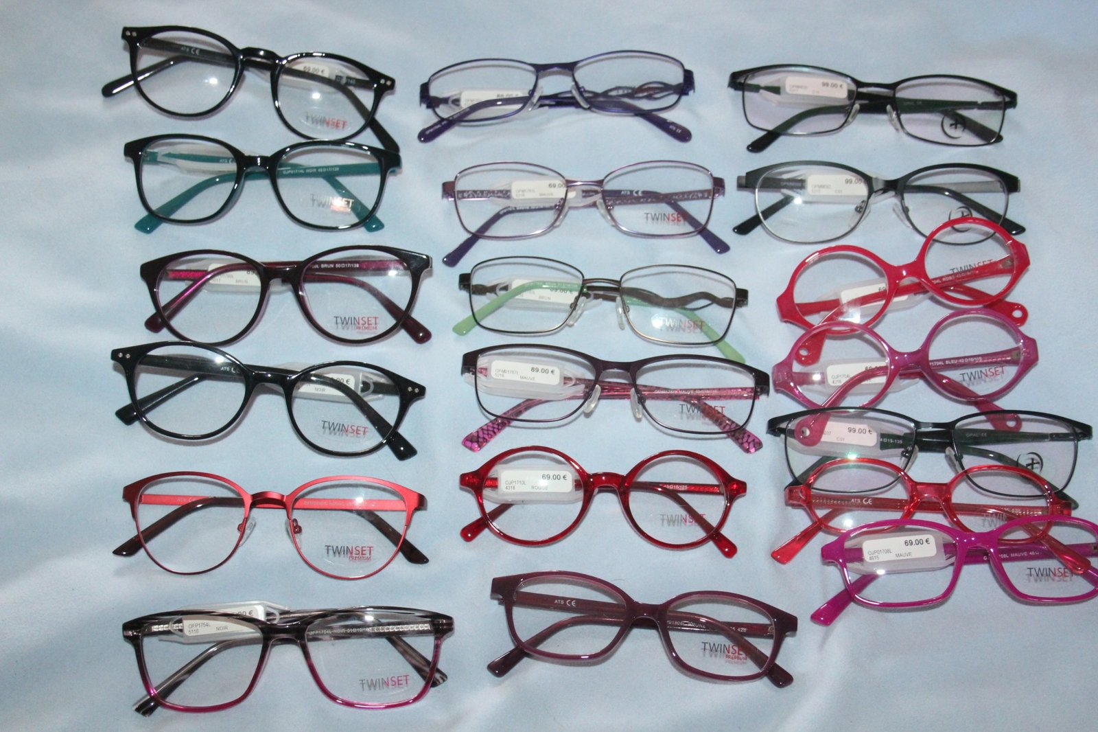 Montures optiques TWIN SET et OWLET lot de 19 paires de lunettes robustes adultes et enfants